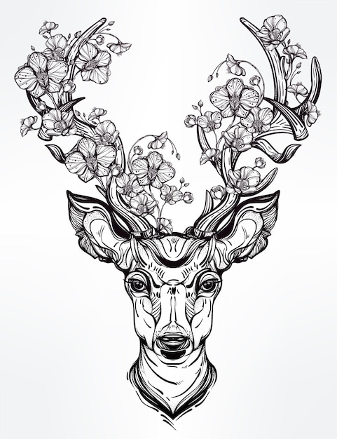Vector deer head with flowers in line art style