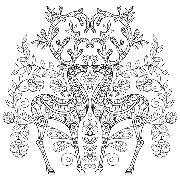 Deer and heart hand drawn for adult coloring book