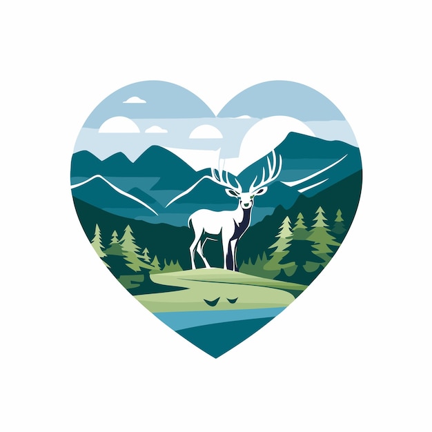 Deer in the heart shape with mountains in the background Vector illustration