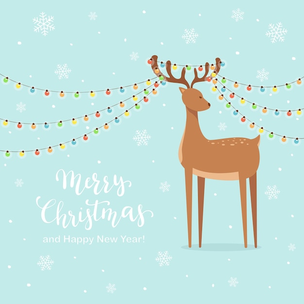 Deer holding on horns colorful Christmas lights. Cute animal on blue snowy background. Illustration can be used for holiday design, cards, children's clothing or things design, invitations, banners.