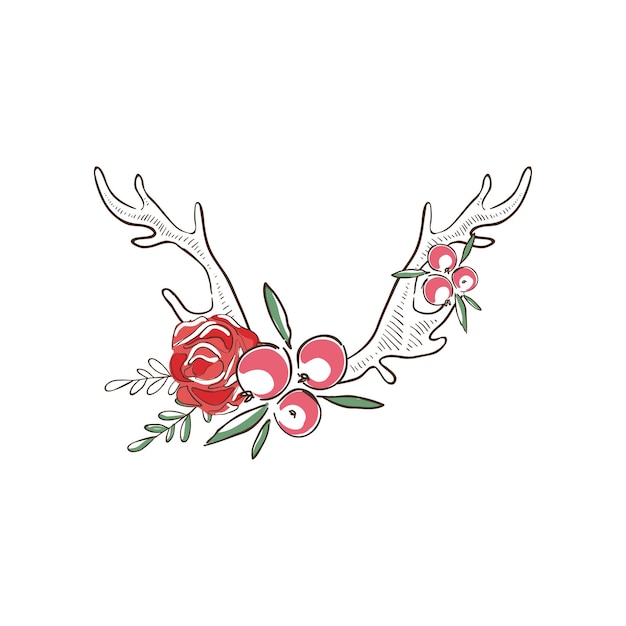 Deer horns with red flowers and berries hand drawn floral composition with antlers vector Illustration on a white background