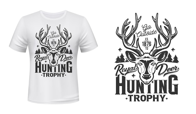 Deer hunting t-shirt print , hunt trophy club emblem. wild forest royal deer or reindeer buck head muzzle, open season hunt and hunter club animal mascot badge for t shirt print