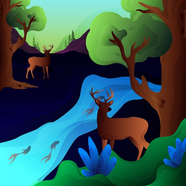 Deer ilustraion on forest ilustration