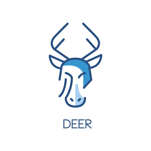 Deer logo design blue label badge or emblem with head of animal vector Illustration isolated on a white background