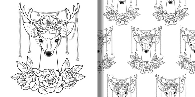 Deer and peonies print and seamless pattern set for coloring pages t shirt and textile prints