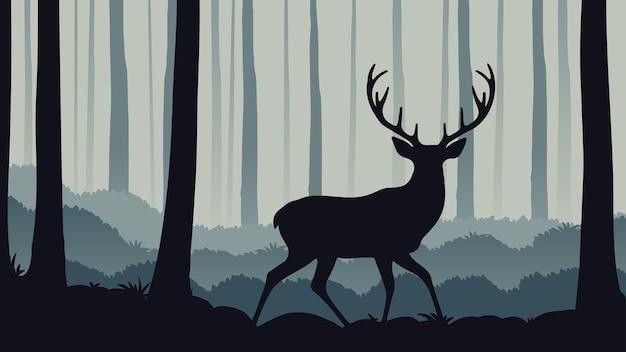 A deer prancing through a lush forest with tall trees