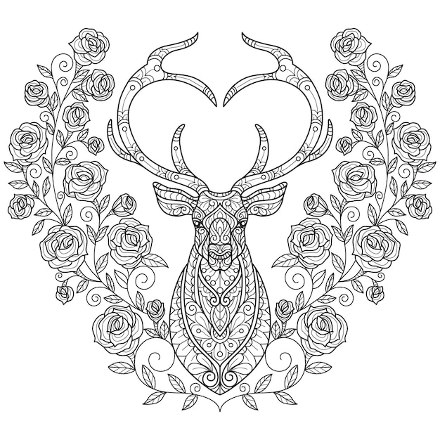 Deer and rose hand drawn for adult coloring book