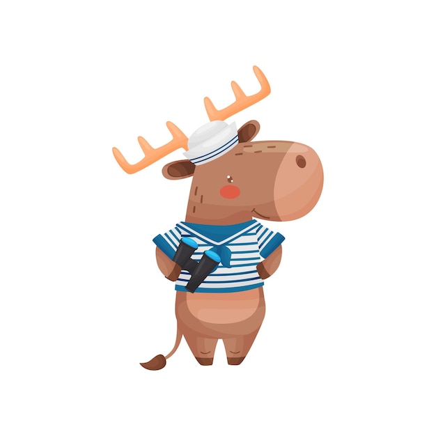Deer sailor character in cartoon style in a blue white vest visor with binoculars in hand