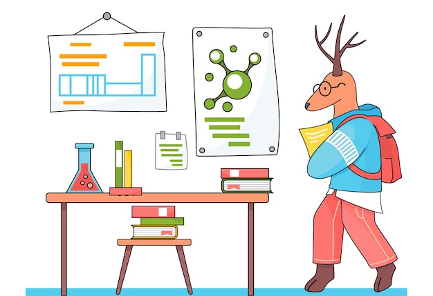 A deer schoolboy with exercise book in hands in chemistry class Smart active pupil with a school bag enters the classroom for a lesson Funny cartoon animal student Back to school education theme