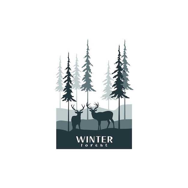 野生の自然のロゴのベクトルの設計のための鹿のシルエットと冬の松林