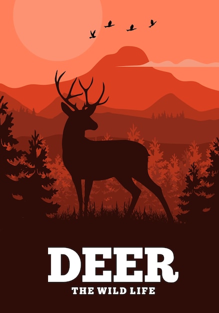 Vector deer silhouette vector poster with national park and mountain landscape background