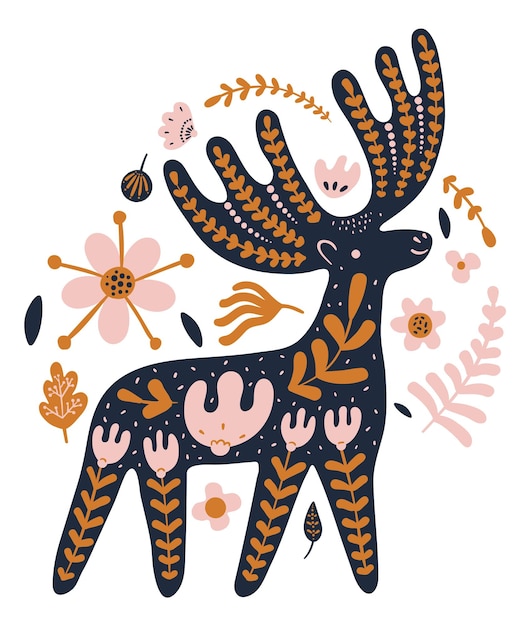 Vector deer silhouette with natural forest motif. fairytale animal