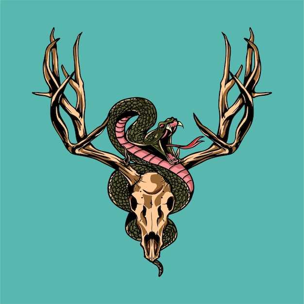 Vector deer skull and snake illustration