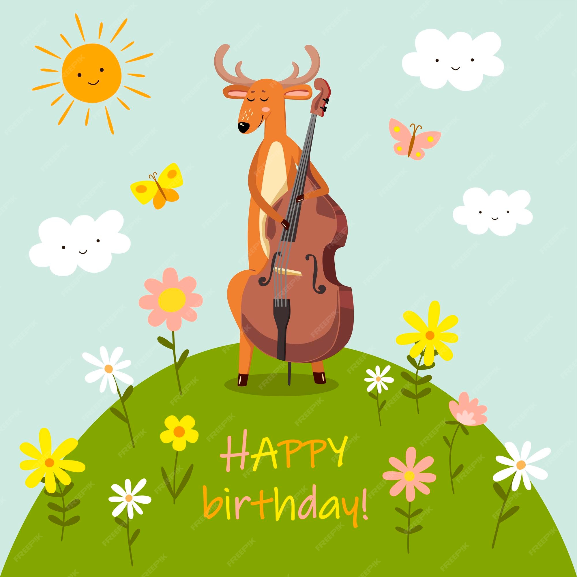 Premium Vector | A deer stands on a hill and plays the double bass ...