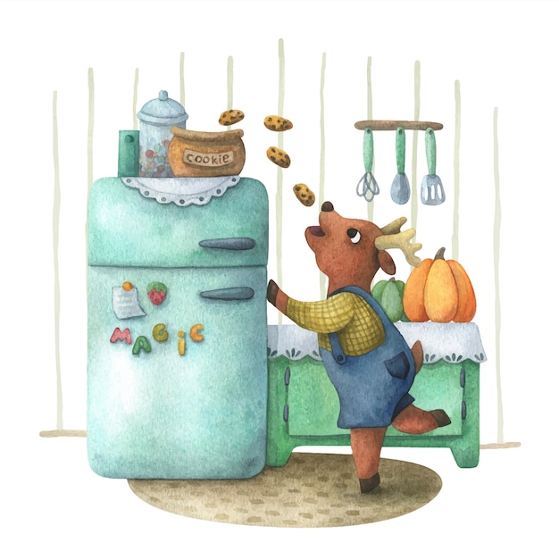 Deer steals cookies. cozy, illustration with an animal and delicious food in the kitchen. night gluttony