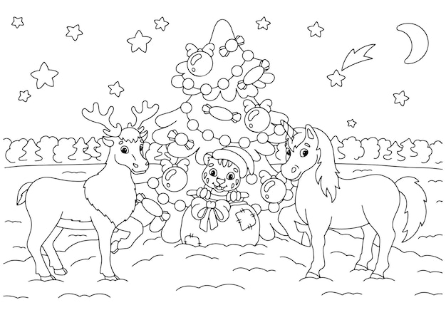 Deer tiger cub and unicorn celebrate the new year Coloring book page for kids