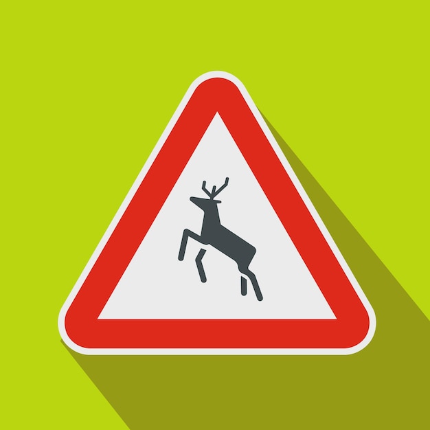 Deer traffic warning sign icon in flat style on a green background