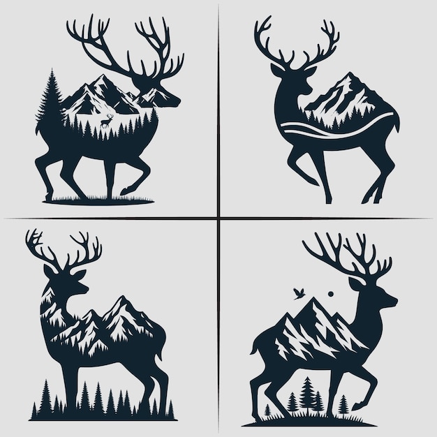 鹿のベクトル バンドルファイル 黒と白の鹿のシルエットファイル 鹿の狩り