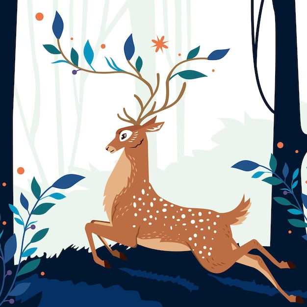 鹿のベクトルは、植物と葉で鹿の装飾を設定します 鹿の装飾と名刺テンプレート