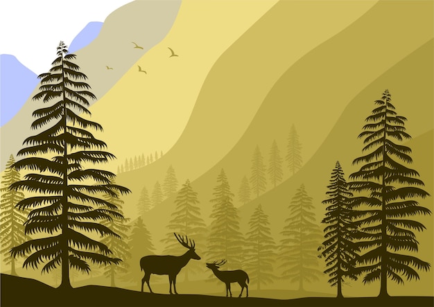 deer wildlife landscape vector illustration in nature. brown tone forest landscape.