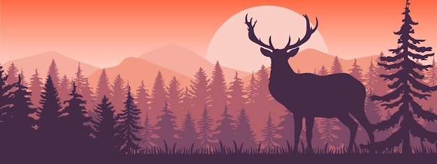 Deer with antlers posing on the top of the hill with mountains and the forest in background Silhouette with orange and brown background illustration EPS