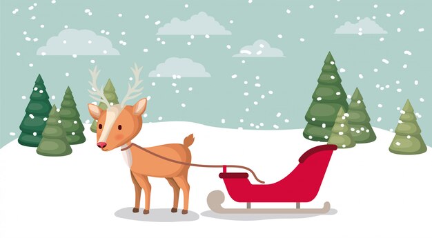 Vector deer with sled in snowscape