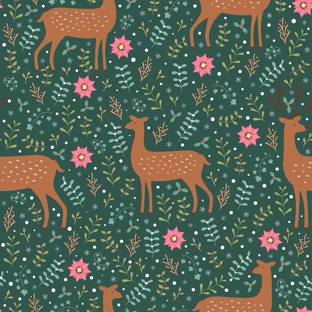 Deers and winter flora seamless pattern vectoer background