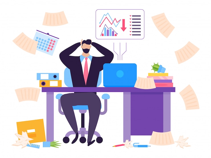 Vector default in stock market concept, collapse securities  illustration. man sitting at table shocked by falling price his shares
