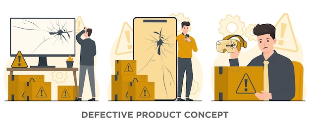 Defect product vector concept Slechte kwaliteit Gebroken computer scherm gamepad smartphone illustratie