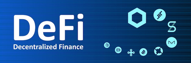 Defi decentralized finance and altcoins in spiral on narrow banner Logos of the main coins of the Defi sector on blue background For website headers or footers Vector EPS 10