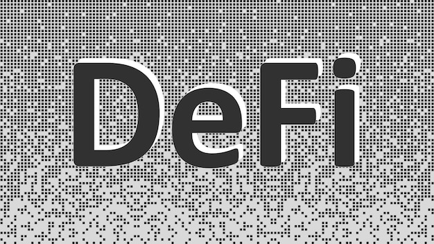 Vector defi decentralized finance black and white text on fragmented matrix background from squares ecosystem of financial applications and services based on public blockchains vector illustration