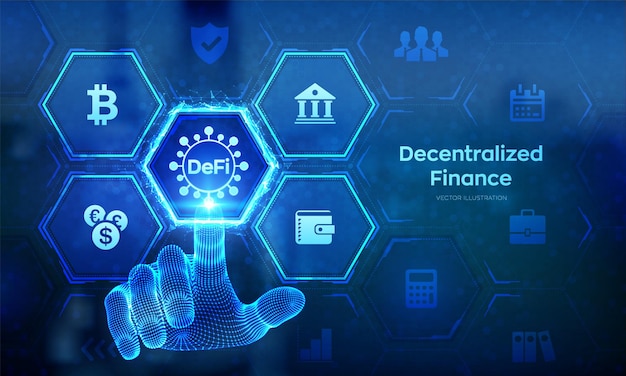 Vettore defi decentralized finance blockchain sistema finanziario decentralizzato concetto di tecnologia aziendale su schermo virtuale wireframe mano toccando interfaccia digitale illustrazione vettoriale