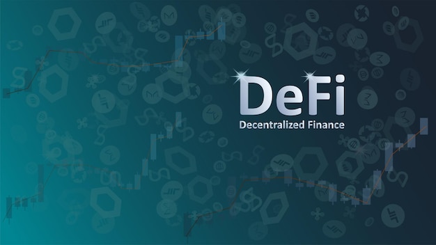 Децентрализованные финансы Defi на темном фоне с графиками и символами монет Экосистема финансовых приложений и услуг на основе общедоступных блокчейнов Vector EPS 10