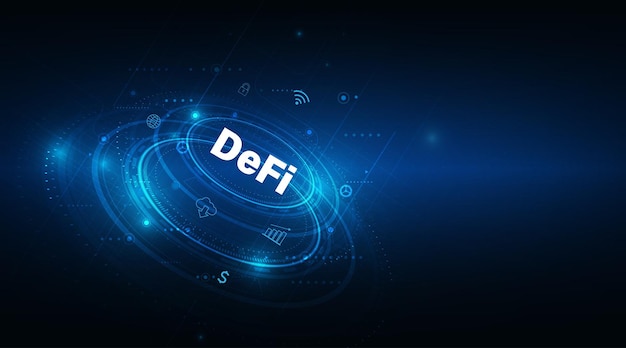 DeFi -Decentralized Finance on dark blue abstract background. Concept of blockchain, decentralized financial, cryptocurrency, and digital asset.