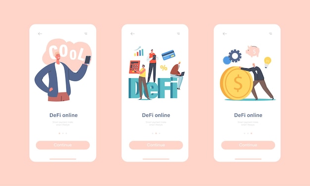 Defi, шаблон встроенного экрана для страницы мобильного онлайн-приложения с децентрализованными финансами. персонажи крошечных бизнесменов