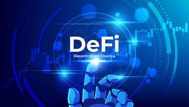 Текст DeFi Decentralized Finance с рукой робота, указывающей на децентрализованную финансовую систему, криптовалютный блокчейн и вектор цифровых активов
