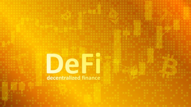 Defi gedecentraliseerde financiën op gouden achtergrond met grafieken en muntsymbolen Een ecosysteem van financiële toepassingen en diensten op basis van openbare blockchains Vector EPS 10