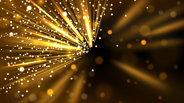 defocused gold rays of light with flying particles on dark background vector illustration
