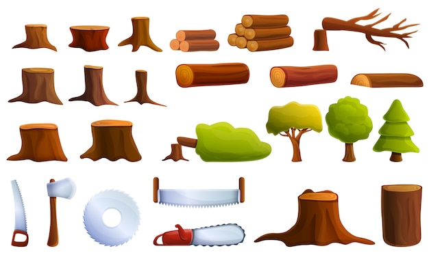 Deforestation icons set, cartoon style