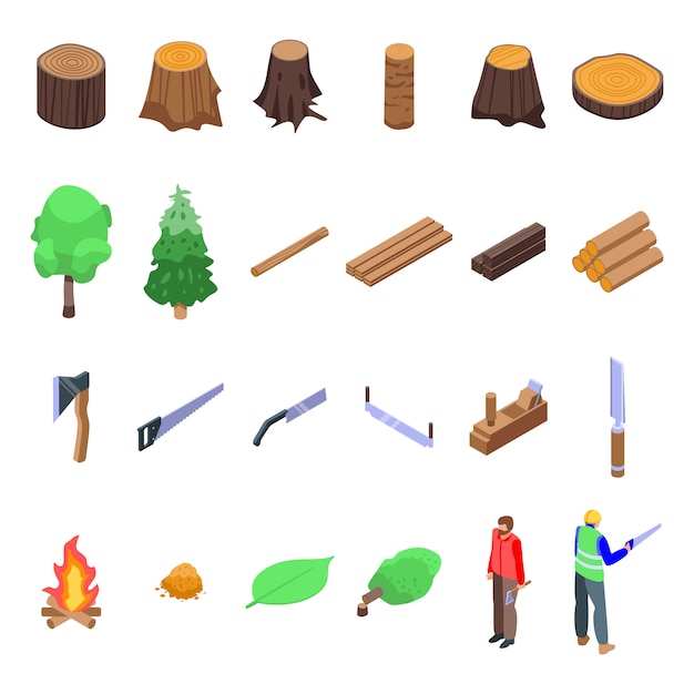 Deforestation icons set, isometric style