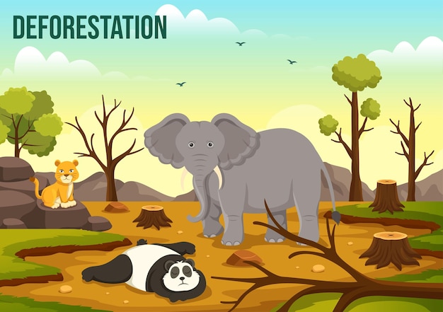 ベクトル 動物テンプレートの絶滅を引き起こす伐採された森林の木と森林伐採の図