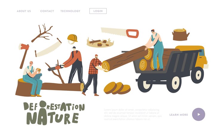 Vector deforestation landing page template. lumberjack male characters working with truck, equipment and tools logging forest. woodcutters use chainsaw cutting wooden logs. linear people vector illustration