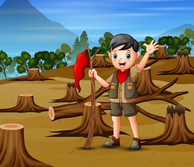 Vector deforestation scene with a scout boy