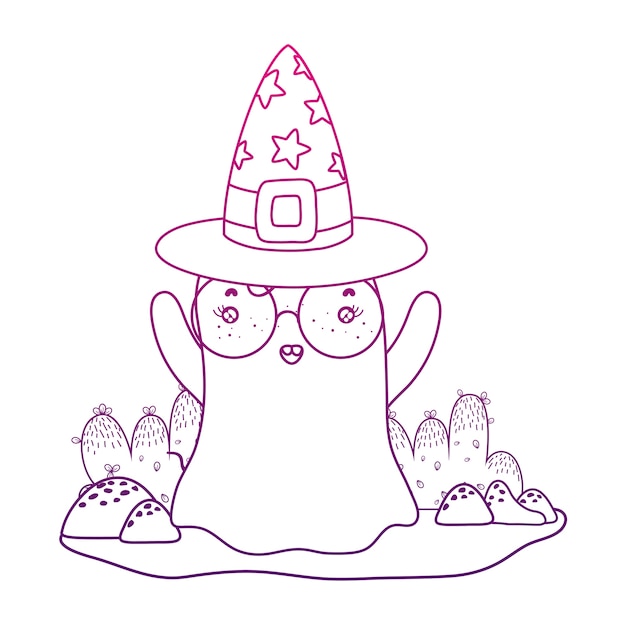 Degraded outline ghost wearing glasses with witch hat in the landscape