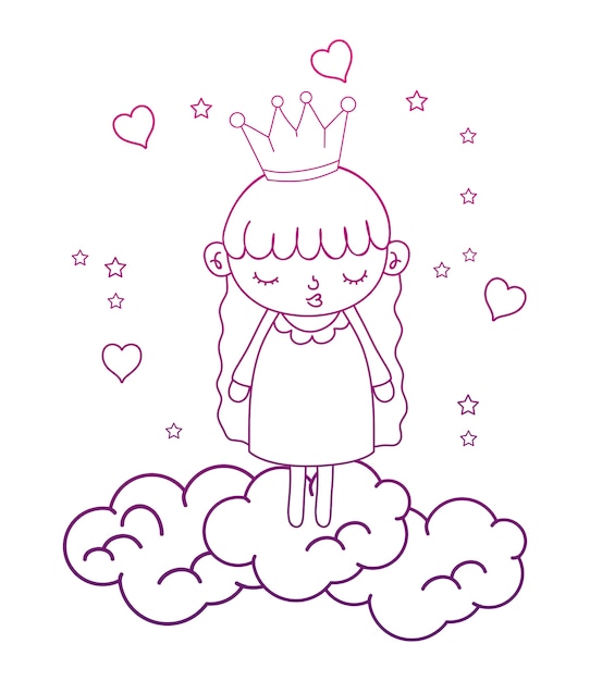 Degraded outline nice girl with crown in the clouds and hearts