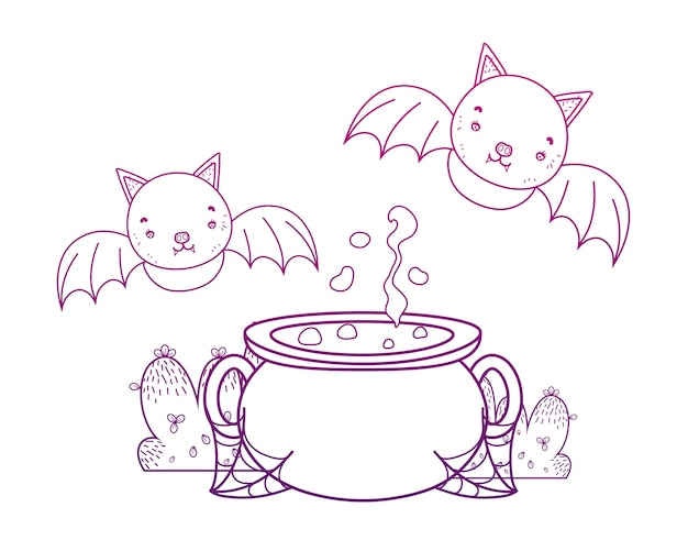 Degraded outline pot cauldron object with bats flying