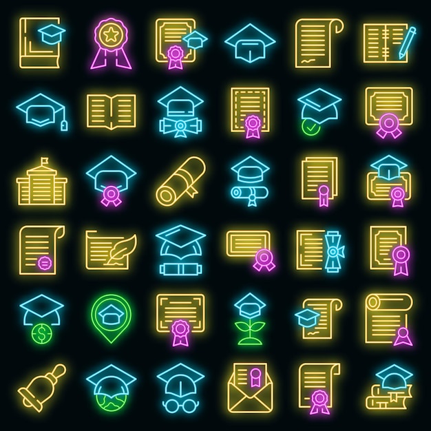 Degree icons set. Outline set of degree vector icons neon color on black