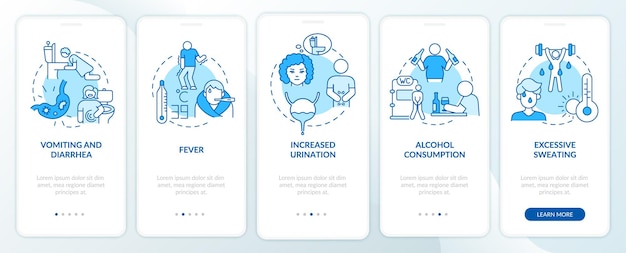 Dehydration causes blue onboarding mobile app page screen. Loss of water factors walkthrough 5 steps graphic instructions with concepts. UI, UX, GUI vector template with linear color illustrations