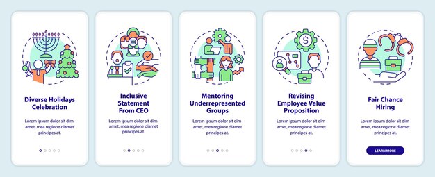 DEI initiatives for workplace onboarding mobile app screen