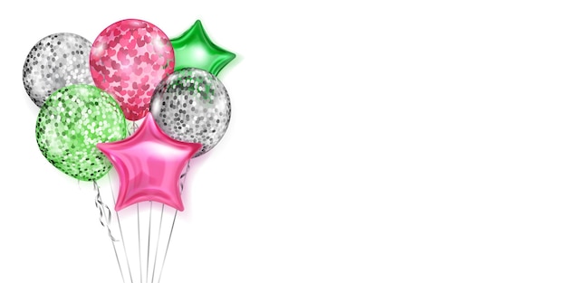 Deisgn di palloncini d'argento, rosa e verde normali e a forma di stella su sfondo bianco